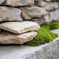 Aufkleber - Close up view of light beige textured natural stone wall with green moss plants growing between the rocks. Soft focus background. Horizontal outdoors shot
