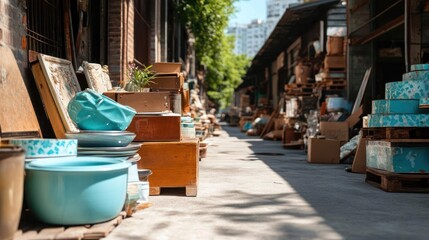 Poster - A sunlit alleyway scene with stacked boxes and aqua-colored ceramic pots set against a brick building and blurred urban background