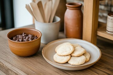 Poster - Cookies and chocolate chips arranged on wooden table with ceramic bowls and jars in warm light