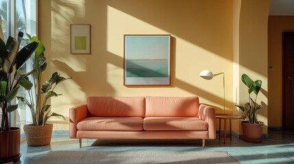 Aufkleber - Interior living room scene with a peach sofa framed artwork and potted plants a light and airy space with geometric rug