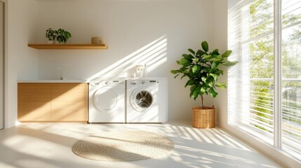 Aufkleber - Bright Laundry Room Interior with natural light from window white washing machine and potted plants