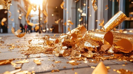 Poster - Generic confetti and streamers scattered on a city sidewalk illuminated by sunlight with blurred background and a celebratory atmosphere