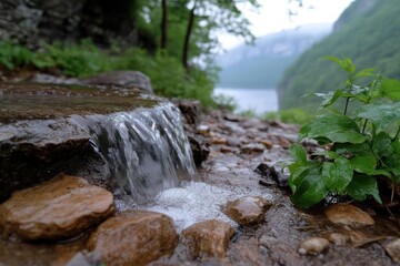 Aufkleber - Small waterfall flowing over brown rocks into a stream with blurred background of a lake and mountains green plants in the foreground