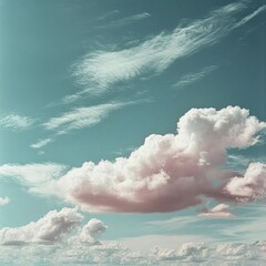 Poster - A serene sky dominated by fluffy white and pastel clouds creating a calming atmosphere. The gradient of blue and pink hues evokes a sense of tranquility and natural beauty