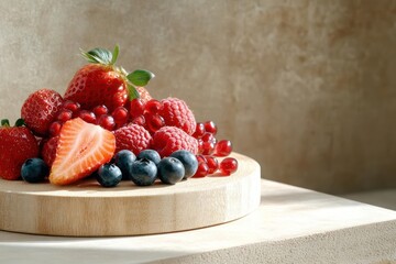 Poster - Pile of assorted vibrant fresh berries like strawberries raspberries blueberries and red currants arranged on a round wooden surface. The berries are illuminated by soft warm light against a blurred