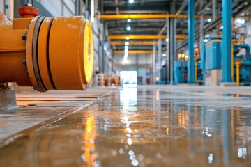 Aufkleber - Close Up Of Wet Yellow Industrial Pipe And Metallic Machinery In Bright Factory Hall With Reflecting Water On Floor