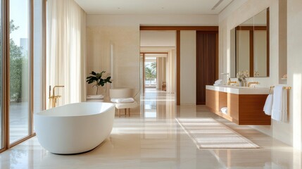 Poster - Luxury bathroom with a freestanding white bathtub gold fixtures double vanity and large windows offering natural light