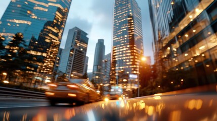 Aufkleber - Blurred city scene at dusk with illuminated skyscrapers and moving cars reflecting on a wet street. Features golden light and modern architecture
