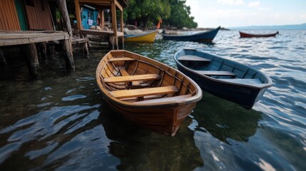 Aufkleber - Wooden boats floating on shimmering water near a rustic waterfront structure with lush greenery and a tranquil atmosphere under a clear sky