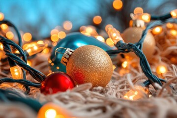 Aufkleber - Festive christmas ornaments with string lights and knitted fabric creating warm holiday ambiance macro shot