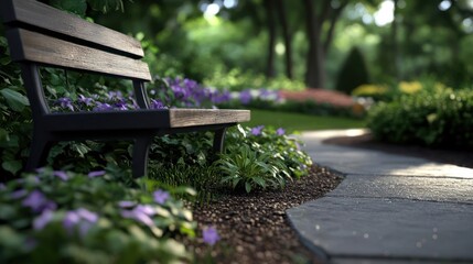 Aufkleber - A black wooden bench sits near a stone path and a vibrant garden with purple flowers and lush green foliage. The blurred background showcases trees and a sunny atmosphere