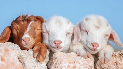 Poster - Three adorable baby goats with closed eyes resting together above a stone wall on a blue sky background. One is brown and white the other two are white