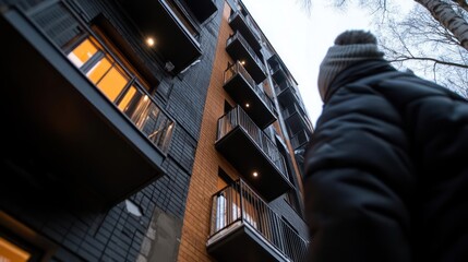 Aufkleber - Low angle view of a modern apartment building with orange and black brick facade and a person in winter attire looking up on a cloudy day