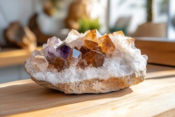 Aufkleber - Close up view of a colorful quartz crystal cluster in warm lighting on a wooden surface with blurred background details