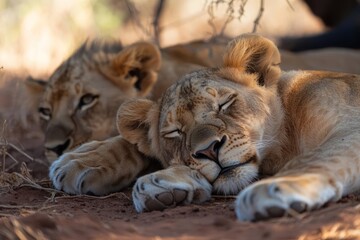 Aufkleber - Two animal cubs resting peacefully under shade on reddish brown ground one asleep with closed eyes the other looking at camera