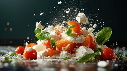 Poster - Appetizing food arrangement featuring vibrant cherry tomatoes fresh basil creamy white cheese with scattered ingredients on dark background. Dramatic lighting with sprinkles
