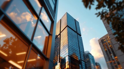 Poster - Modern skyscraper exterior at golden hour with reflective glass windows and blurred background showcasing urban architecture and sky