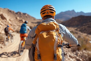 Poster - Group of cyclists riding bikes on a dirt trail through a desert landscape on a sunny day. Focus on the leading cyclist wearing a helmet and backpack