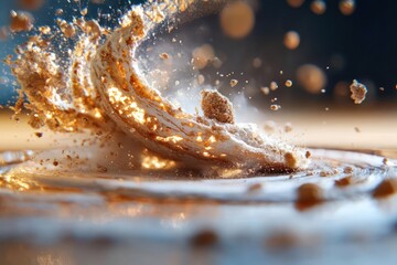 Fototapete - Macro close-up of a brown and white creamy substance splashing on a reflective surface. The texture reveals fine granules and a wave-like shape with glowing specks. Soft focus and blurred background