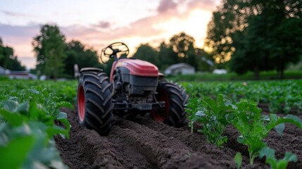Poster - Generic scene of a tractor in an agricultural field at sunset with plants and trees in the background. Warm light shines across the landscape