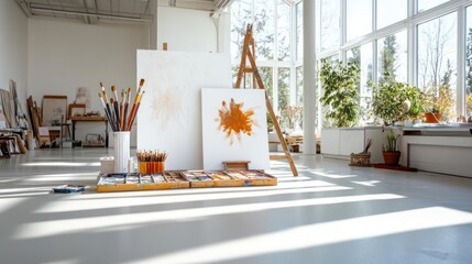 Aufkleber - Bright artist studio with natural light illuminating painting tools canvases and wooden easels showcasing creativity and artistic space