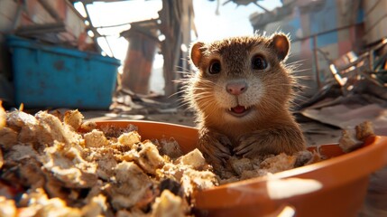 Poster - Close up view of a fluffy rodent sitting in a bowl of food. The rodent has a cute expression. The background is blurry