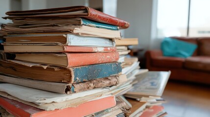 Poster - A stack of vintage books with worn covers in a living room setting featuring brown leather sofa in background and natural light