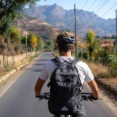 Poster - Cyclist riding bicycle on paved road with mountain backdrop wearing helmet and backpack under sunny daylight. View from behind showing road and nature landscape