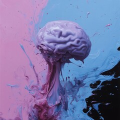 Poster - Abstract Brain Sculpture in Paint Splatter with Pink Blue and Black Background
