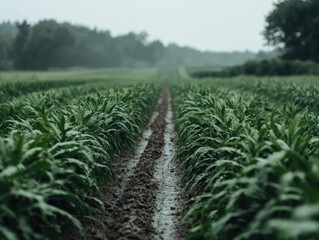 Leinwandbilder - A close up view of a plant field with a narrow pathway leading to distant trees under overcast lighting with green foliage