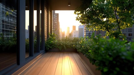 Poster - Urban balcony with wooden floor lush greenery and city skyline backdrop during golden hour sunlit ambiance