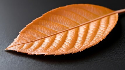 Poster - Close up shot of a single orange leaf with detailed veins and texture against a dark reflective surface with shallow depth of field