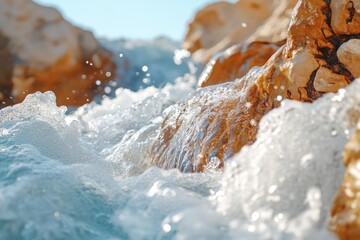 Poster - Close-up of water cascading over rocks with sunlight creating sparkling highlights and a sense of movement