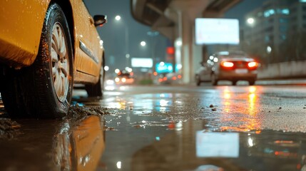 Poster - Close up of generic car wheel on wet road at night reflecting lights. Other cars and highway overpass in background with blurred lights