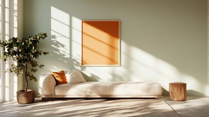 Poster - Interior scene with natural light sofa and framed artwork featuring a rug potted plant and a wooden side table