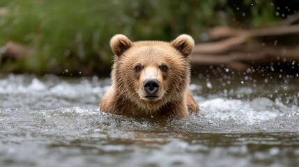 Aufkleber - Generic animal swimming in a river with water splashes in daytime. The animal looks directly towards the camera with greenery in the background