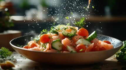 Poster - Close up view of a fresh colorful salad with ingredients being added in a well-lit kitchen setting with steam effect
