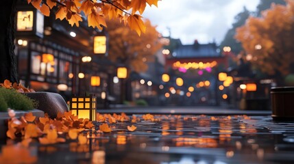 Aufkleber - Autumnal street scene with wet cobblestones reflecting streetlights. Fallen leaves and illuminated lanterns create a warm atmosphere. Buildings and trees frame the depth of field