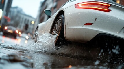 Poster - Rear view of a white sports car driving through a puddle splashing water on wet city street road with defocused background lights