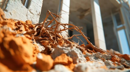 Fototapete - Debris and rubble pile in front of unfinished building under sunlight with selective focus showcasing construction site remnants and urban decay