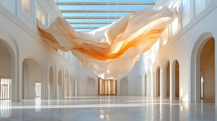 Poster - Large indoor space featuring an abstract fabric art installation hanging from the ceiling with archways. The sculpture has a layered look with white and orange hues against natural light and a glass