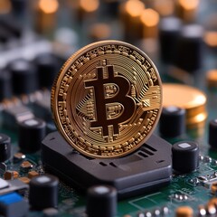 Poster - Golden coin with a cryptocurrency symbol stands on a computer circuit board. The background shows other parts of the circuit board creating a technological backdrop