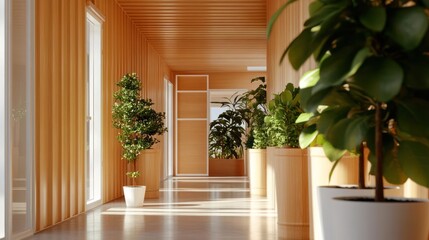 Poster - Wooden corridor interior design with potted plants and natural light with light brown walls and wood texture with indoor plants