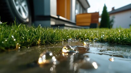 Poster - Close up view of water droplets on the grass and pavement near the house with sunny background and a car wheel