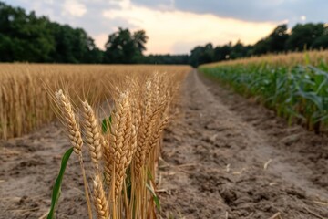 Poster - Close up view of wheat field during golden hour. The foreground features wheat, with corn field and trees at the background during sunset