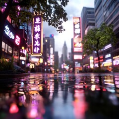 Poster - City street view with illuminated signs and reflections in rain water pavement with blurred background
