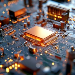 Aufkleber - Close up of a computer circuit board with copper and green elements with bright artificial lighting. The complex electronic components are showcased