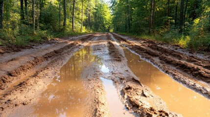 Poster - Muddy dirt road with puddles reflecting the sky and surrounded by a lush green forest in daylight. Tire tracks mark the path through the water and brown mud
