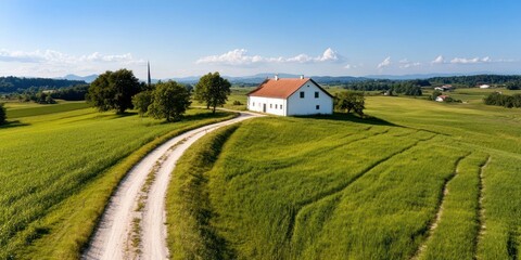 Poster - Generic house with red tile roof on green field with dirt road under clear blue sky with some trees and small village at the horizon