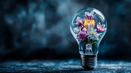 Aufkleber - Illuminating floral design inside bulb artistic display creative concept dark background close-up viewpoint